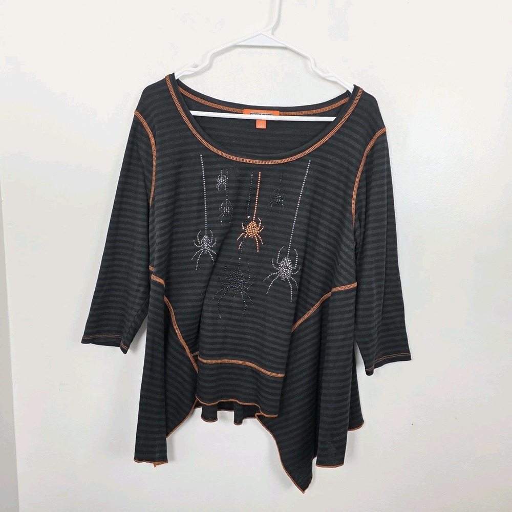 Holiday Traditions Black Orange Striped Gemstone Spiders Halloween Shirt Size‎ L